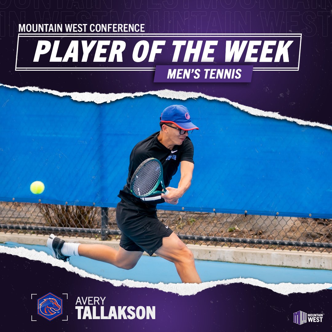 MountainWest's tweet photo. 𝗠𝗲𝗻'𝘀 𝗧𝗲𝗻𝗻𝗶𝘀 𝗣𝗹𝗮𝘆𝗲𝗿 𝗼𝗳 𝘁𝗵𝗲 𝗪𝗲𝗲𝗸 ➡️ 𝗔𝘃𝗲𝗿𝘆 𝗧𝗮𝗹𝗹𝗮𝗸𝘀𝗼𝗻

Tallakson went 5-1 across his No. 1 singles and doubles matches, leading @BroncoSportsMTN to a 3-1 record on the week, including a win over No. 72 Cal Poly. The junior defeated No. 38 Santa Clara’s top singles player and earned a No. 1 doubles win over Santa Clara’s No. 27th-ranked doubles squad.

#MWTEN | #BleedBlue