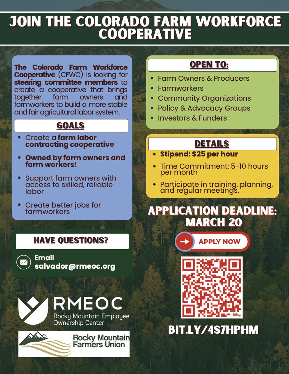 rmeoc_'s tweet image. Last chance to apply!
Want to shape the future of farm work? 🌱 Join a new co-op led by farm owners &amp;amp; workers. Steering committee members needed! 5–10 hrs/month, $25/hr. Apply by Mar 20: Salvador@rmeoc.org
 #FarmWorkers #AgricultureCoop #SteeringCommittee #RMFU