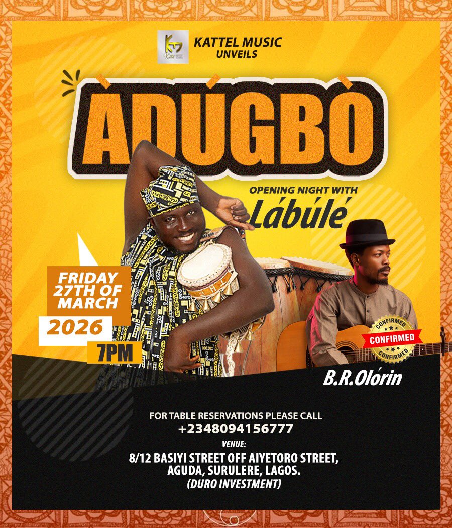 I will be performing live at the unveiling of my boss, Labule’s new music performance space, “Adugbo” located at Aguda, Surulere, Lagos on Friday, 27th of March, 2026. See you there. 7pm is the time!

#brolorin #music