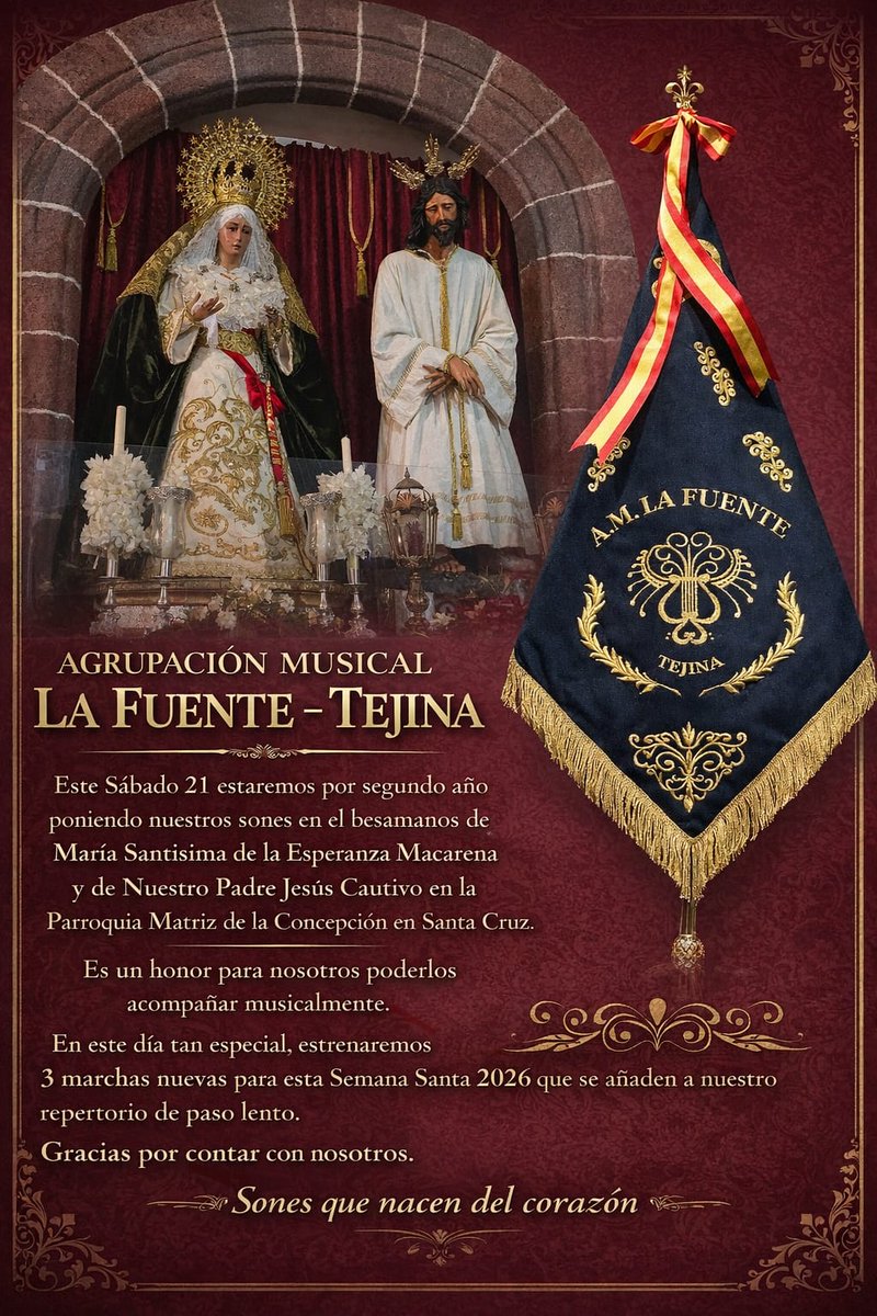 🎶 ¡Cita con la AM La Fuente-Tejina! Este sábado estrenan 3 marchas en el Besamanos de la Esperanza Macarena y el Cautivo. 🎺✨ #MusicaCofrade #cuaresma #SSanta2026