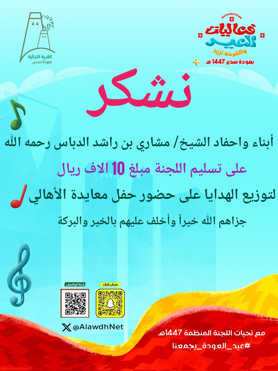 AlawdhNet's tweet photo. نشكر أبناء واحفاد الشيخ/ مشاري بن راشد الدباس رحمه الله
على تسليم اللجنة مبلغ 10 الاف ريال
لتوزيع الهدايا على حضور حفل معايدة أهالي #عودة_سدير 

وقامت اللجنة بتجهيز 28 هدية قيمة لتوزيعها على الحضور

جزاهم الله خيراً وأخلف عليهم بالخير والبركة
#عيد_العودة_يجمعنا https://t.co/DJqHMjmtb8