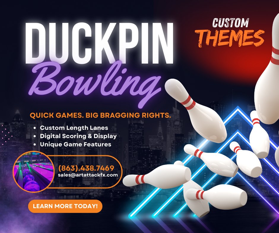 artattackfx's tweet photo. Every roll counts in Duckpin Bowling! 🎳 Art Attack’s Duckpin Bowling delivers fast-paced, high-energy game play in a compact, durable format built for nonstop action! #InspireBuildGrow #ArtAttackFX #DuckpinBowling #MiniBowling #FEC #FamilyEntertainment #HDGraphix #CustomTheming https://t.co/YHWmHPioaa