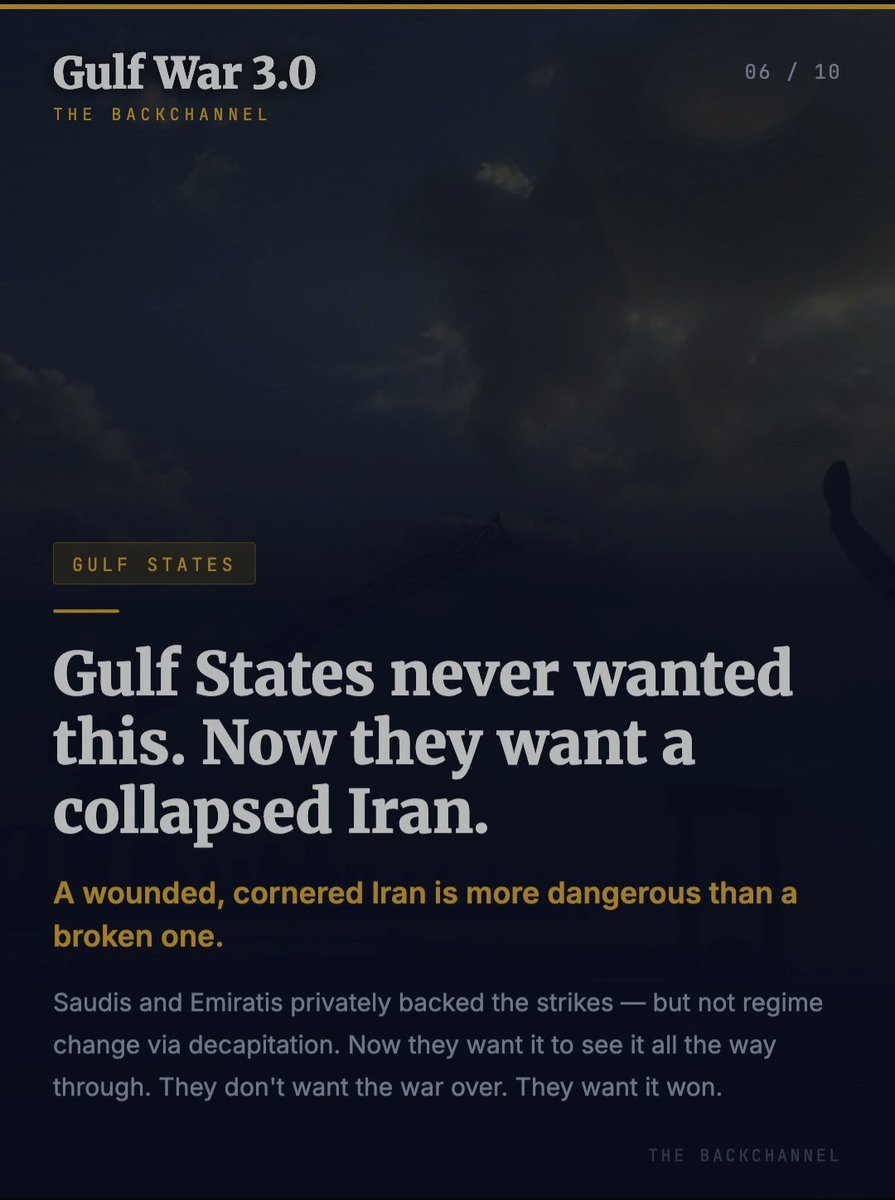 The_Backchannel's tweet photo. As I said, No party in this war really wants it to end soon.

- Saudis & Emiratis - Want to see end of Iran

- Israel - Netanyahu's 40 year old wet dream is total Iranian destruction 

-Iran and US - Don't have a feasible offramp

Check out the full thread
https://t.co/yCcUvEe1YF