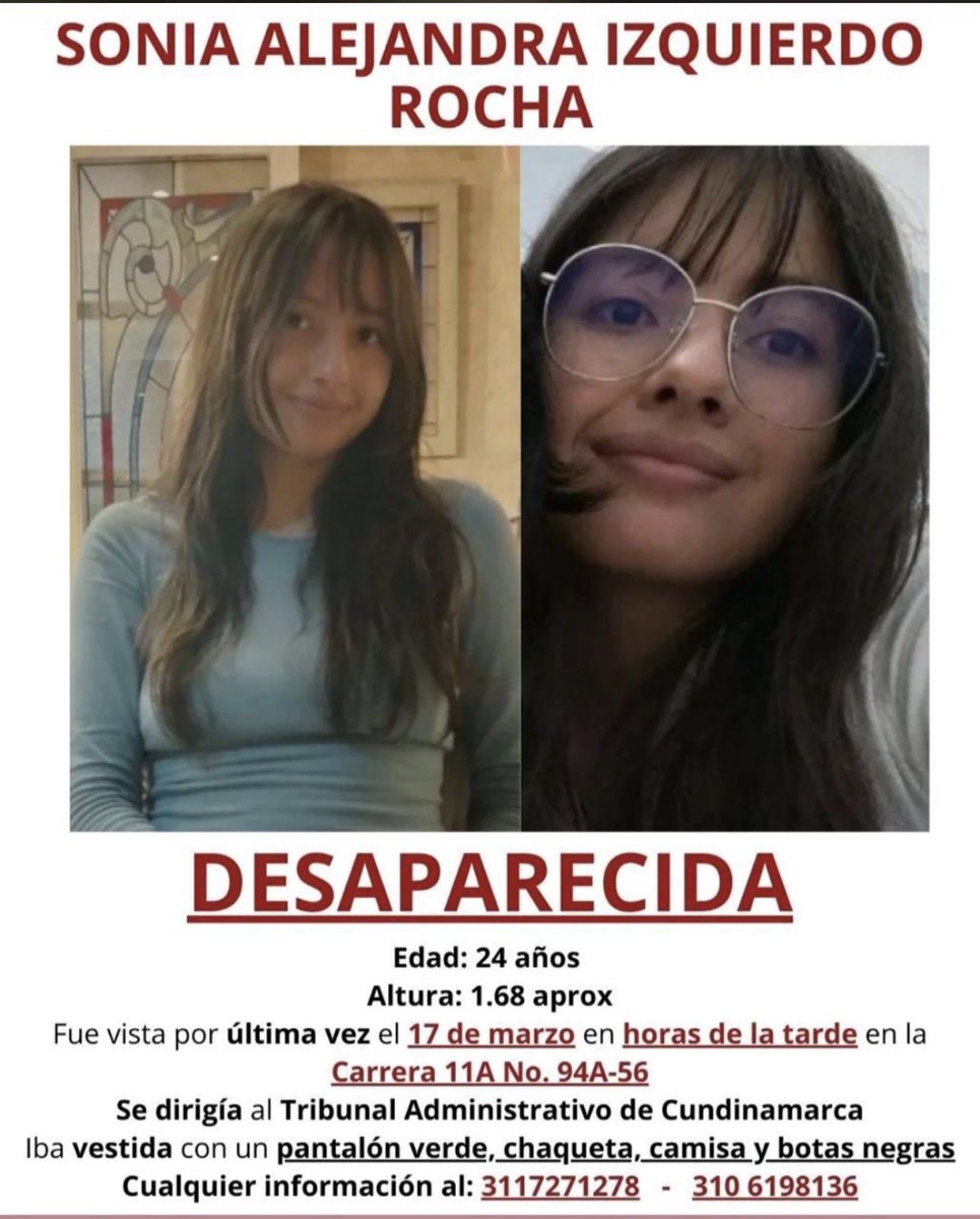 ¡Ayúdanos a encontrarla!

Nuestra estudiante de Derecho, Sonia Alejandra Izquierdo Rocha está desaparecida desde ayer cuando se dirigía hacia su lugar de prácticas en el <a href="/tacundinamarca/">Tribunal Adtvo. de Cundinamarca | TAC</a>. 

☎️ Sí la has visto o sabes sobre su paradero, comunícate al 3117271278 o al 3106198136.