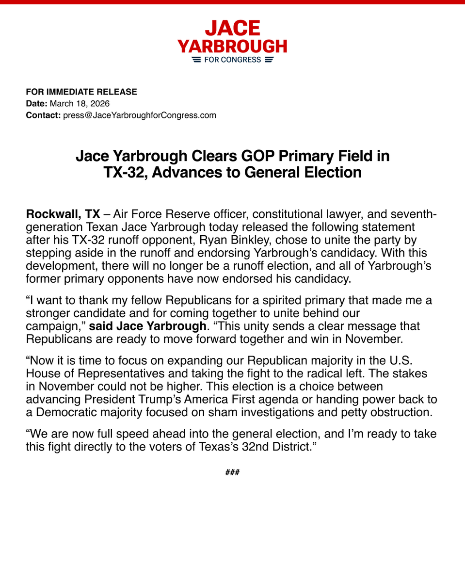 ICYMI — I'm proud to be your Republican nominee for #TX32!

I look forward to uniting with my fellow Republicans to take on the radical left this November. We'll bring the fight to Washington for the people of this district, and we will put America First!