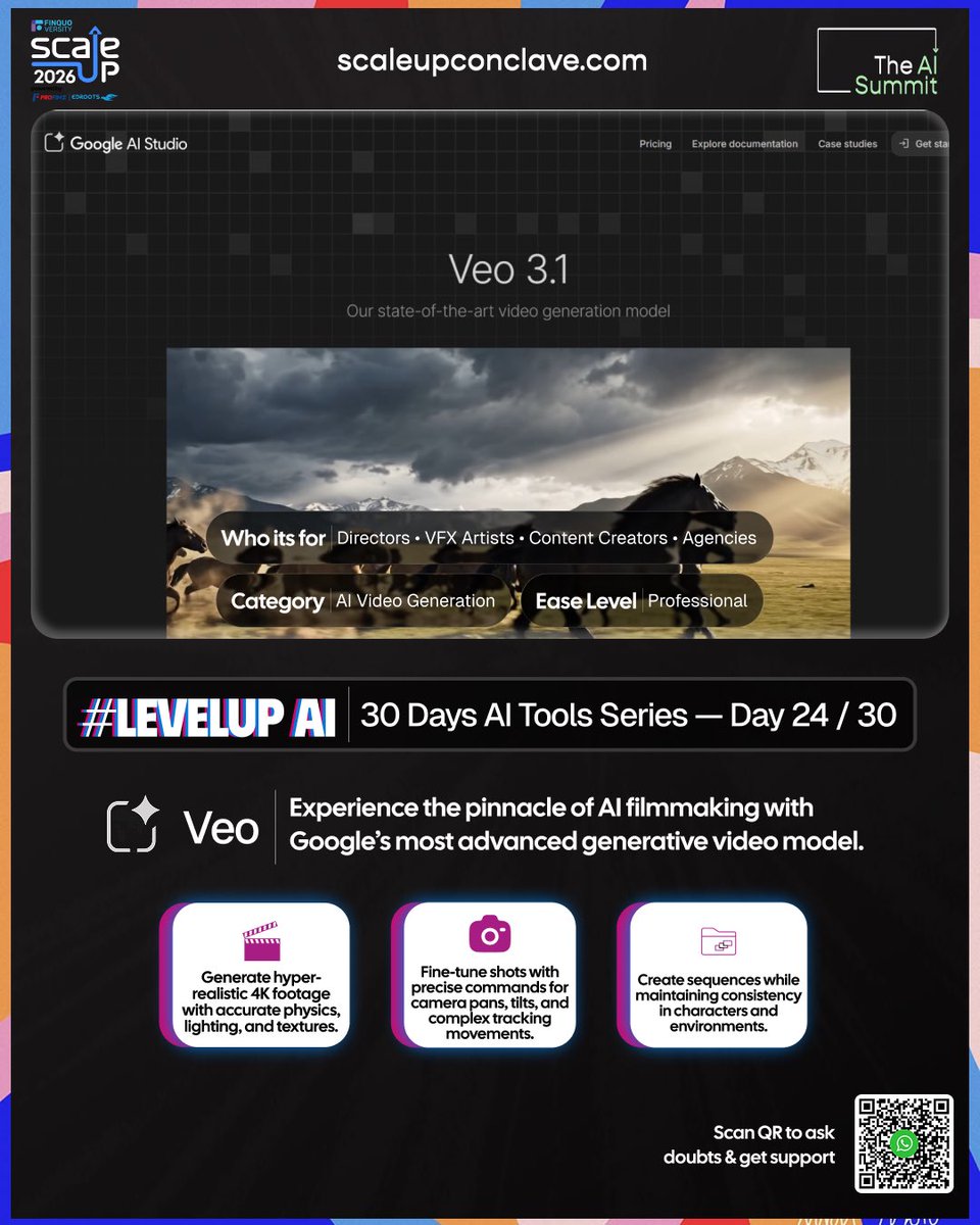 scaleupvillage's tweet photo. *LevelUpAI — Day 24/30 🎬*

Create stunning videos with Veo 3.1 ✨
Google’s advanced AI video generation model that transforms your ideas into hyper-realistic visuals with stunning detail.

💬 Join our WhatsApp group:
https://t.co/lKxLTloqU7⁠�

#LevelUpAI #AITools #Veo #AIVideo https://t.co/fHuywN6Glw