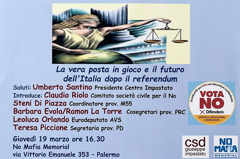 antimafia2000's tweet image. 19 Marzo - #Giustizia e #Costituzione: a #Palermo il fronte del NO si riunisce al #NoMafiaMemorial antimafiaduemila.com/home/rassegna-…