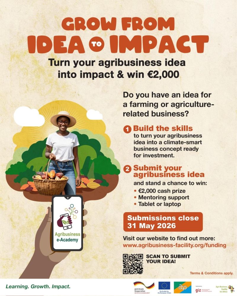 opportunitiesfy's tweet image. 🌱 Agribusiness Innovation Challenge 2026
💰 Win €2,000
 📚Free training
 🌍Climate-smart agribusiness
🗓️ 31 May 2026
 🔗 wp.me/p23f03-ddz
#Agribusiness #Africa #Funding #Startups