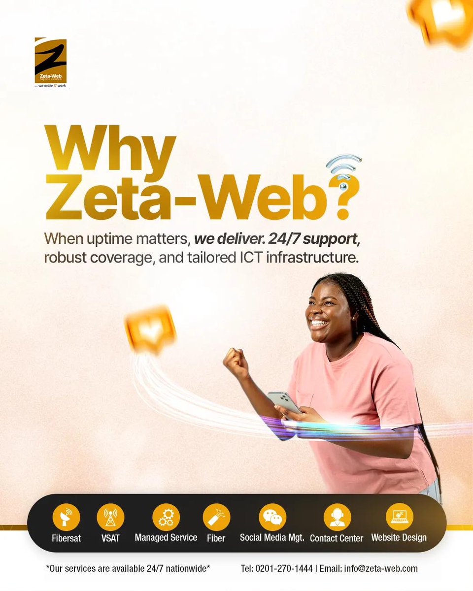 zetawebnigeria's tweet image. Your uptime, our priority. 🚀

24/7 support. Scalable infrastructure. Zero compromise.

Call 02-0127-444 or send an email to info@zeta-web.com.

#isp #ITsolutions #fastinternet #routertips #ZNL