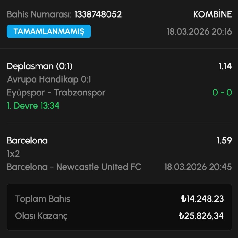 GarfieldBahisci's tweet photo. 2 maçlık kuponumuz hazırd��r.

14.248 TL'ye 25.826 TL veriyor 💪 

#Trabzonspor yenilmez.
#Barcelona kazanır.

#iddaa #tahmin #Onachu #Yamal

#Garfield https://t.co/DRAIkfCiwn