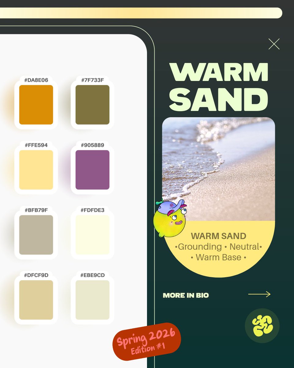 limonartestudio's tweet image. Best Spring Week = Best Color Energy!   Here’s your spring palette for a brand refresh:   🍋 clarity   🌸 warmth   🌿 balance   🏖️ grounding   Feel the sunlight, fresh air, and creative reset. Save this palette! #SpringPalette #ColorEnergy #BrandRefresh #colorpalette #coloring
