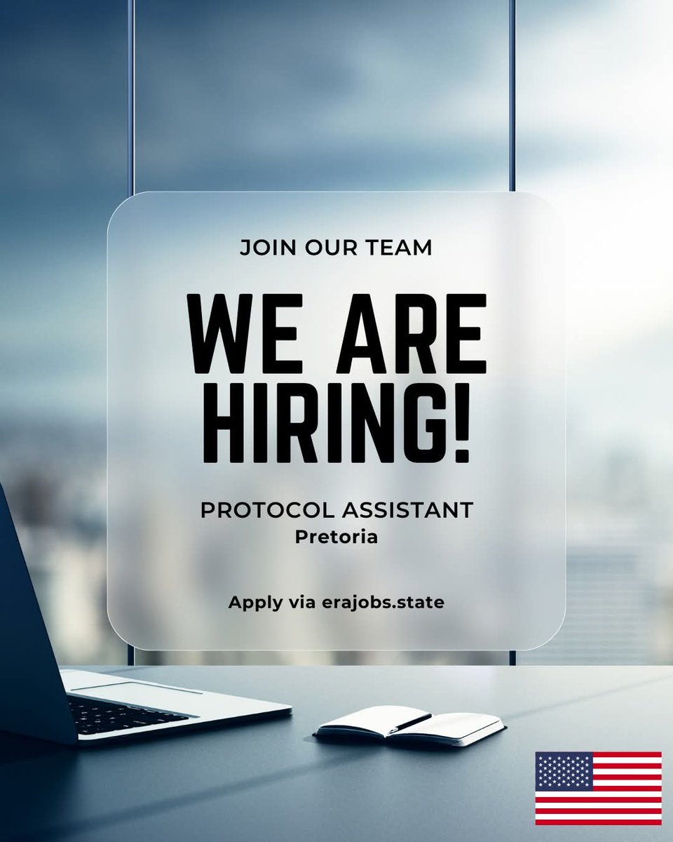 The United States Of America Embassy in Pretoria is looking for a Protocol Assistant to join the team.

Apply now and be part of something impactful!

Ready to step into the world of diplomacy? Apply today!
shorturl.at/qEcer