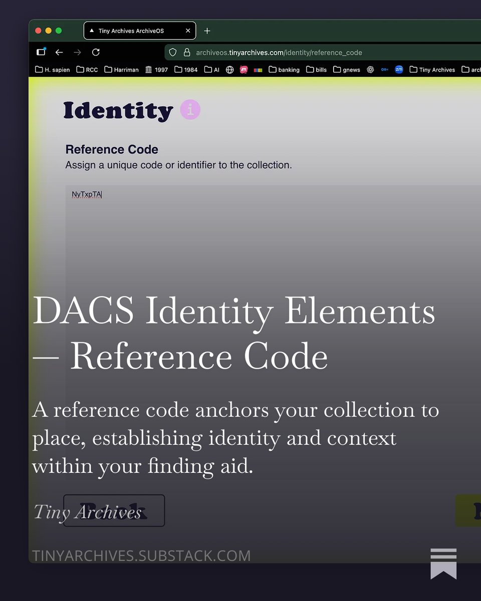ReformatLab's tweet photo. In today’s issue of Tiny Archives 60 Days Daily Dispatch we introduce the first DACS Identity element: Reference Code.

It’s simple, but important. For many ArchiveOS members, this element is already done. For others, it’s an easy place to begin.
https://t.co/5T8Auz5vQu https://t.co/7G4SfjHOWT