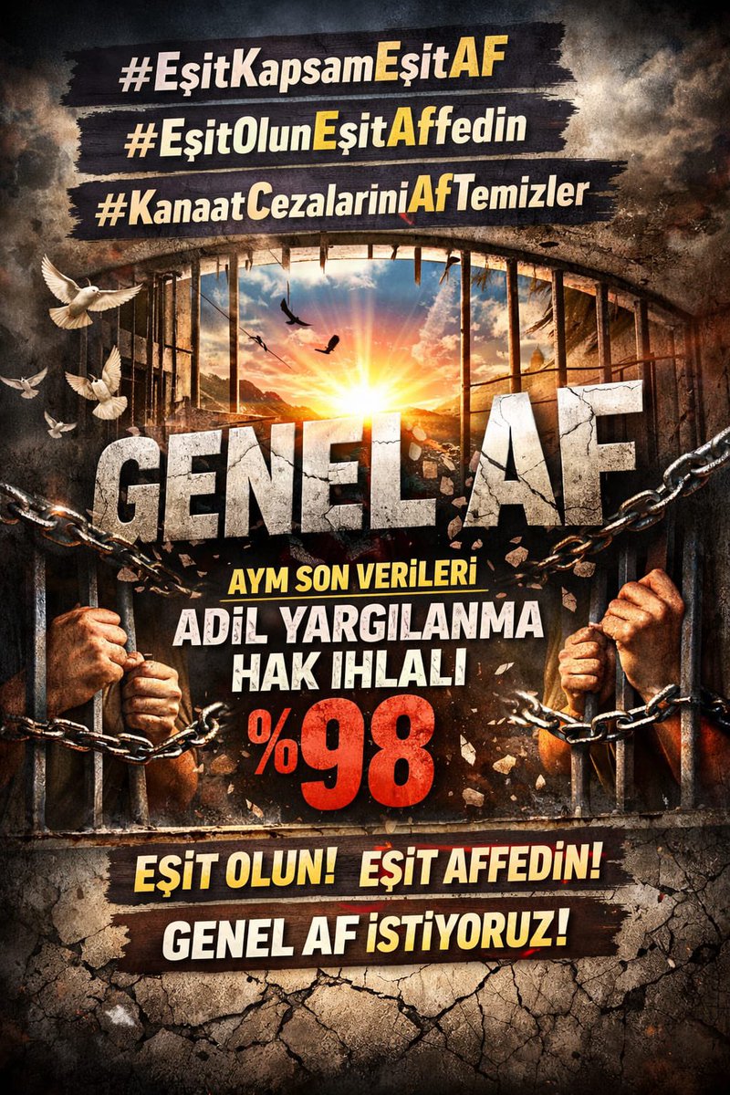 Adalet gecikirse sadece insanlar değil umutlar da cezalandırılır. Bugün milyonlar bu gerçeği haykırıyor. Eşitlik anayasal bir haktır. Çözüm: #GenelAf ve #EşitKapsamEşitAF

#hiçolmazsa

#EşitOlunEşitAffedin

#KanaatCezalarınıAfTemizler