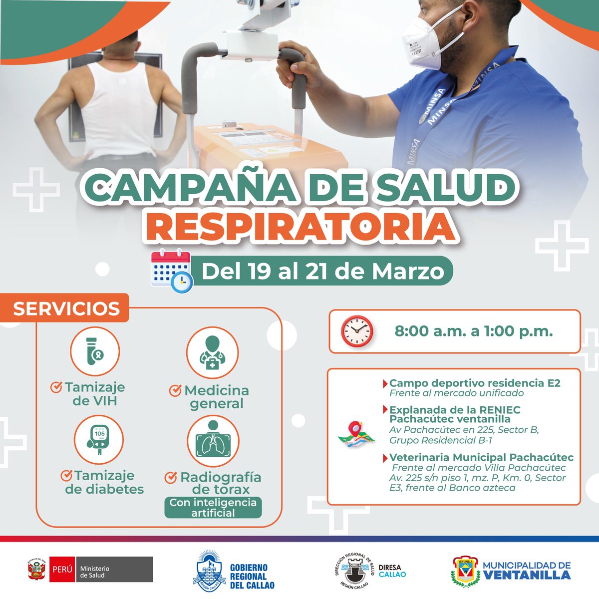¡𝐑𝐄𝐒𝐏𝐈𝐑𝐀 𝐓𝐑𝐀𝐍𝐐𝐔𝐈𝐋𝐎, 𝐂𝐔𝐈𝐃𝐀 𝐓𝐔 𝐒𝐀𝐋𝐔𝐃!
La campaña gratuita de salud respiratoria llega para cuidar de ti y tu familia. Acércate y recibe evaluación médica, orientación y detección oportuna para prevenir la tuberculosis (TB).