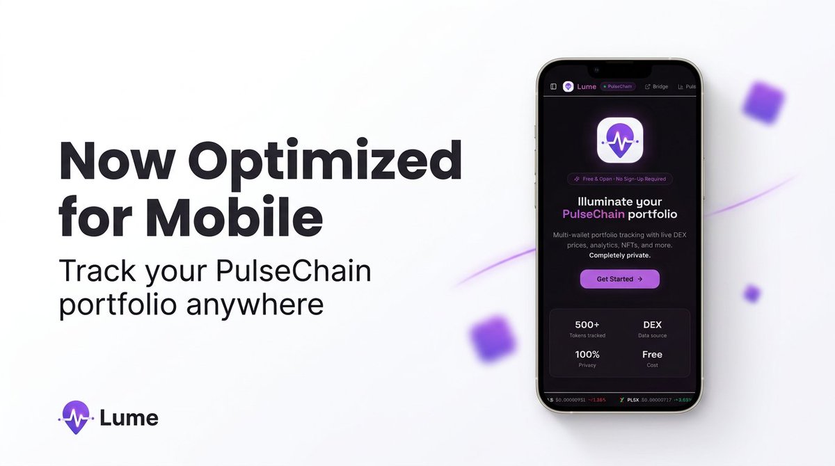 lumewebsite's tweet photo. 📱 Lume is now optimized for mobile! Track your PulseChain portfolio anywhere!

🚀Live DEX prices, multi-wallet, P/L, NFTs, yield &amp; more all in your pocket. 

No sign-up, no tracking, 100% private 🔒 Install as a PWA &amp; go. 

Free forever! 🔮

Try it ↓
https://t.co/jK8iagA6Av https://t.co/BUqLPq8xNa