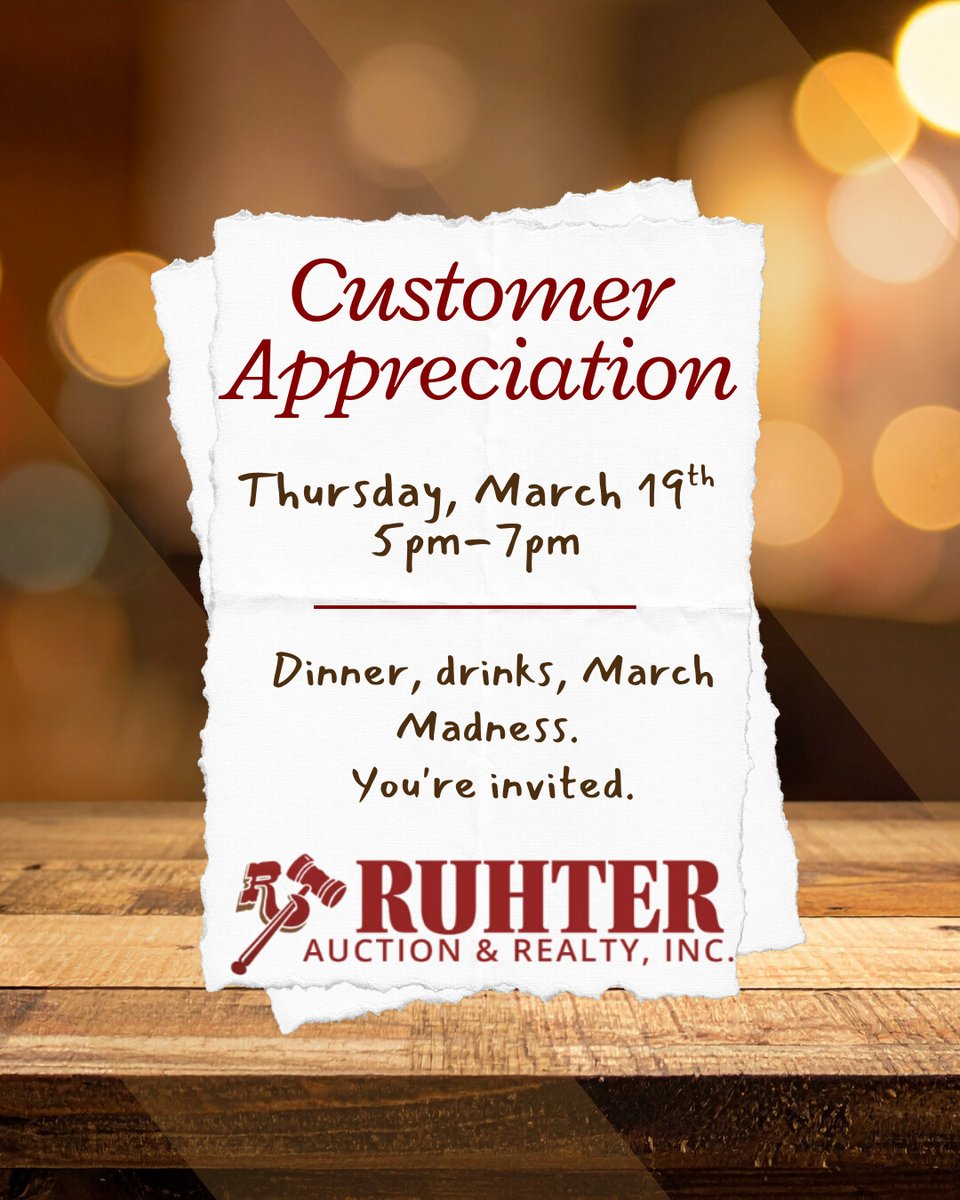 RuhterAuction's tweet image. A Special Thank You to Our Valued Clients!

Thursday, March 19th - 5-7PM
Ruhter Auction Facility
2837 W Hwy 6 | Hastings, NE

Join us and enjoy dinner, refreshments, and 🏀March Madness🏀 action on the TVs.

#RuhterAuction #CustomerAppreciation #HastingsNebraska #MarchMadness