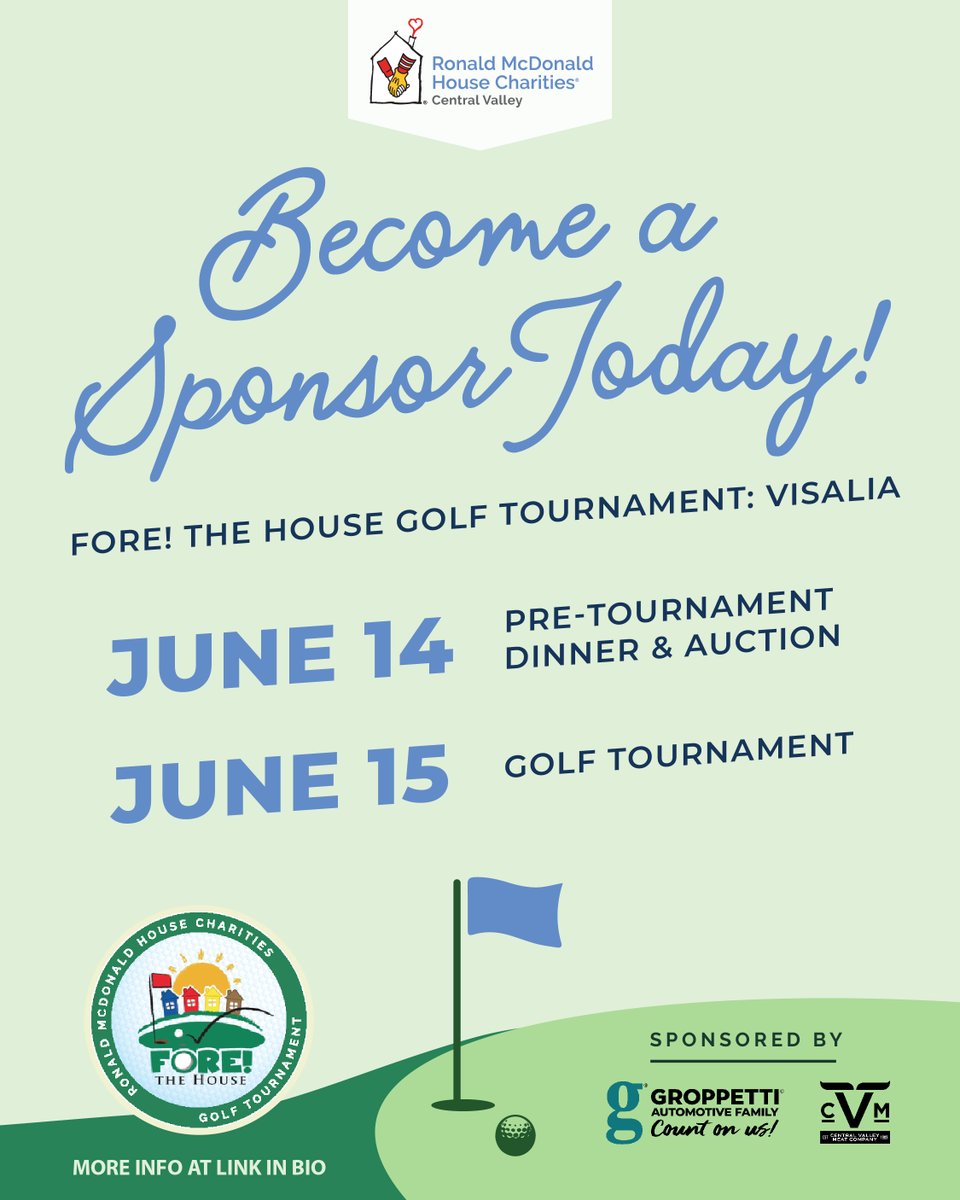 rmhcenvalley's tweet photo. RMHC Central Valley's 3rd Annual FORE! The House Golf Tournament: Visalia presented by Groppetti Automotive and Central Valley Meat Co is on June 14-15 at Visalia Country Club. Sponsorships are selling fast! Register today: https://t.co/eJRvxk6Ny6 https://t.co/wZIgG9DJUG