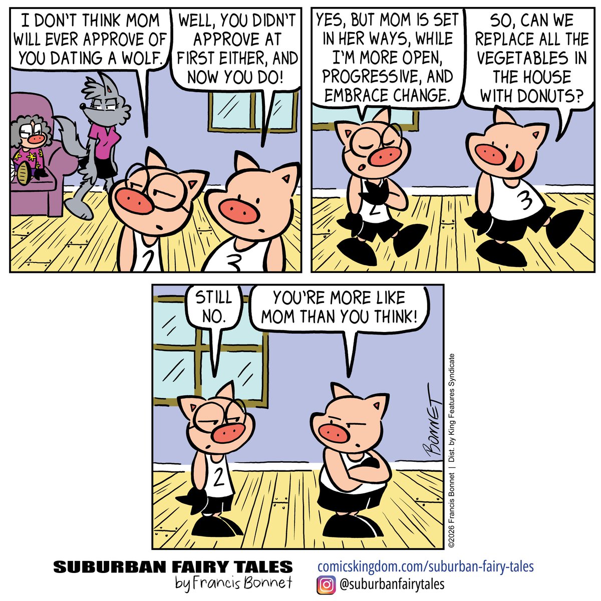 francisbonnet's tweet photo. Pig 2 is a little more realistic than his brothers. Do you think he's right?
Read my exclusive comics on Comics Kingdom! https://t.co/4f6dh81RoO
#comicstrips #fairytaleretelling #funnycomics #cartoonpig #humor #datingproblems #progressive #embracingchange #approve #mom https://t.co/uMiTCs4ngL