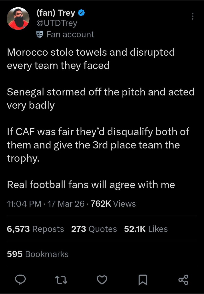 "Morocco stole towels and disrupted every team they faced 

Senegal stormed off the pitch and acted very badly 

If CAF was fair they’d disqualify both of them and give the 3rd place team the trophy. 

Real football fans will agree with me"

<a href="/UTDTrey/">(fan) Trey</a> 

😂 😂 😂 😂