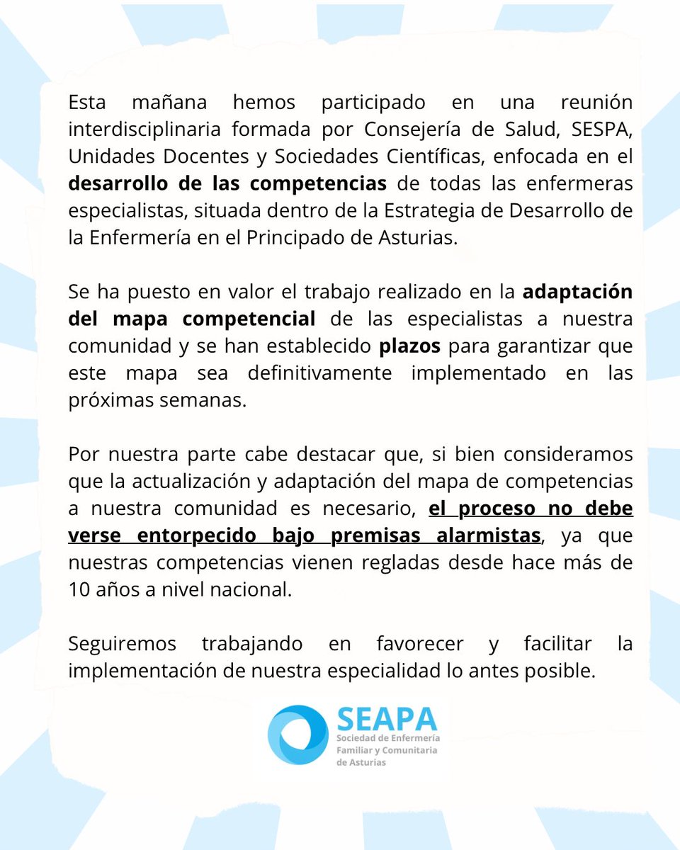 Esta mañana hemos participado en una reunión interdisciplinaria formada por Consejería de Salud, SESPA, Unidades Docentes y Sociedades Científicas, enfocada en el desarrollo de las competencias de todas las enfermeras especialistas.  Aquí nuestro posicionamiento ⬇️