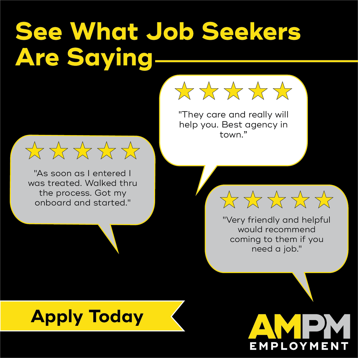 AMPMemployment's tweet photo. Looking for work? Hear what job seekers are saying about AMPM 👇

⭐ Fast process
⭐ Friendly team
⭐ Real support
Start your next job today.
👉 https://t.co/y1G8dc0lCM https://t.co/BcHdjzAnzp