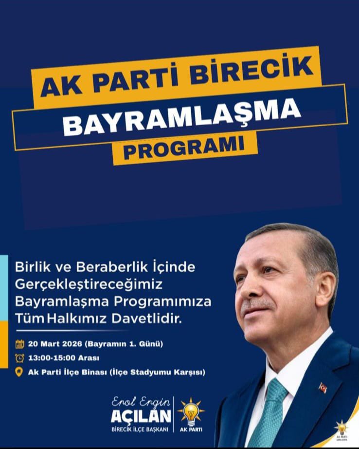 Birlik ve beraberlik içinde gerçekleştireceğimiz Bayramlaşma programımıza M.vekilimiz <a href="/av_mfaruk/">Av.M.Faruk Pınarbaşı</a> katılımıyla,teşkilatlarımız ve halkımız davetlidir.
📆 20 Mart 2026 Cuma
(Bayramın 1. Günü
📍AK Partı İlçe Binası
🕒 13.00-15:00 arası

#MilletimizleYolumuzBir
<a href="/RTErdogan/">Recep Tayyip Erdoğan</a> <a href="/AcilanErol/">Erol Ergin Açılan</a>