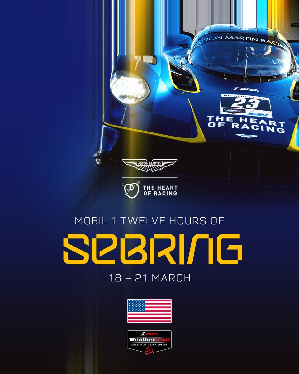 AMR_Official's tweet photo. Sunshine, Florida, Bumps… and a V12. It can only be the 12 Hours of Sebring.

Read our preview here, as Valkyrie and Vantage gear up for Round 2 of the 2026 IMSA WeatherTech SportsCar Championship: https://t.co/V6vaXZ6yoi

#AstonMartin #ValkyrieHypercar #Vantage #IMSA #Sebring12 https://t.co/ePKG8HAHEL