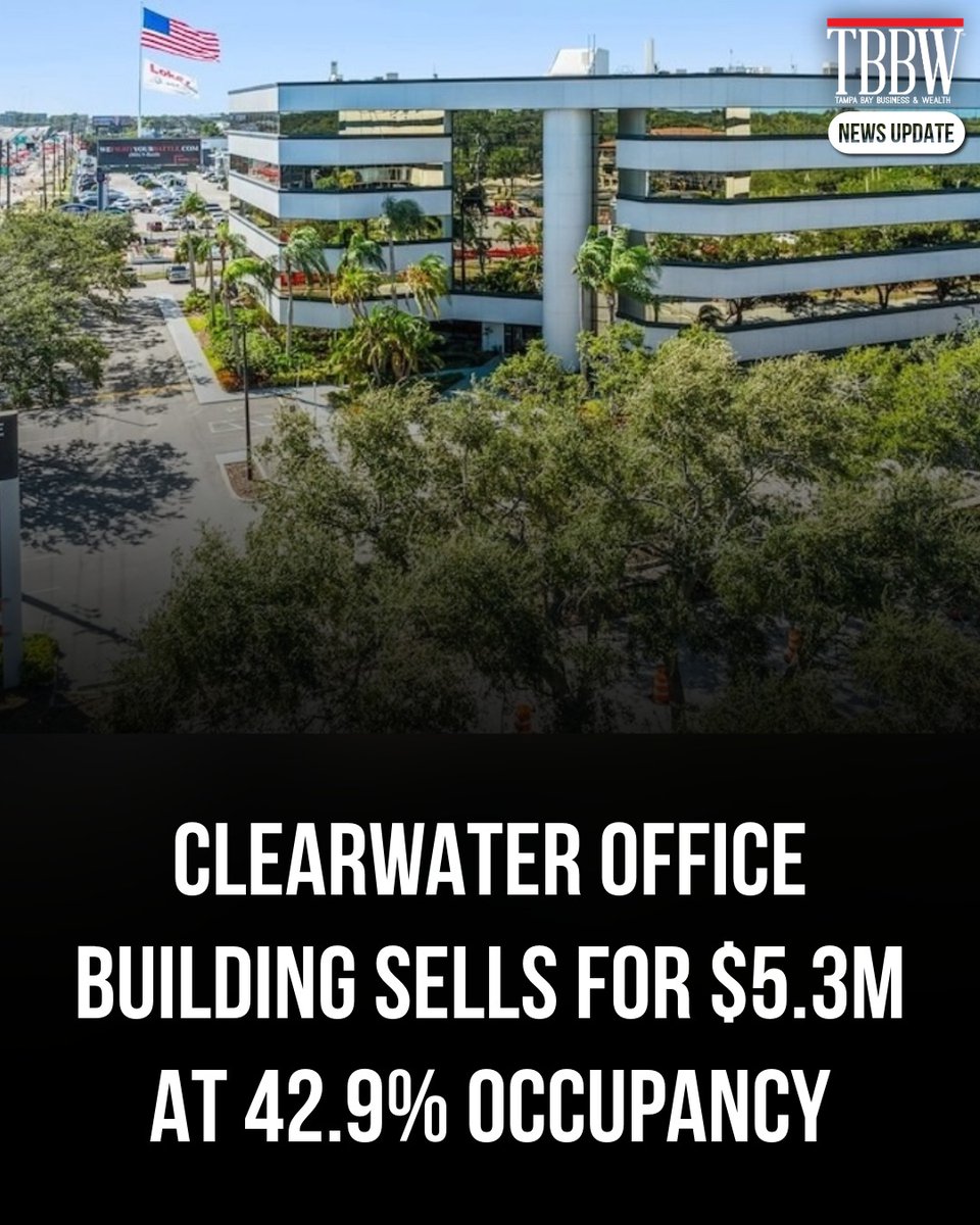 TBBWMagazine's tweet photo. A Clearwater office building sold for $5.3 million at 42.9% occupancy, closing in three months as investors target value-add office assets. https://t.co/veXWWDaDf5 https://t.co/qPSYJNDaWQ