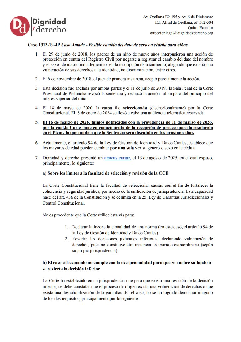 erwinronquillo's tweet photo. 🚨AHORA VAN POR LOS MÁS PEQUEÑOS 🚨
Si les pareció deleznable lo que hizo la @CorteConstEcu con las niñas y niños de 12 años, lo que viene ahora sería aún más abyecto.  

La corte se apresta a dictar sentencia en el caso de un niño al que, cuando tenía 6 años, sus padres pidieron se le cambie de sexo y nombre a niña en la cédula. Obviamente el Registro Civil le negó el trámite y los padres lo demandaron años después, cuando el niño tenía 9 pero ya le habían comenzado a inyectar bloqueadores de pubertad, es decir, a convertir en mujer.  

Les comparto un documento resumen sobre esta causa. 

Vamos a estar pendientes de la decisión que tome la corte en este caso. 

Pd1. El juez ponente es Richard Ortiz, uno de los 5 que aprobó el cambio de género en la cédula para niños a partir de los 12 años. 

Pd2. Si aprueban esta barbaridad, no vayan a decir que esto no va encaminado a permitir las operaciones de cambio de sexo en niños. Está clara la ruta que estarían siguiendo.

Pd3. Los adultos, en última instancia, somos responsables de nuestras propias decisiones, pero #ConLosNiñosNo se metan.