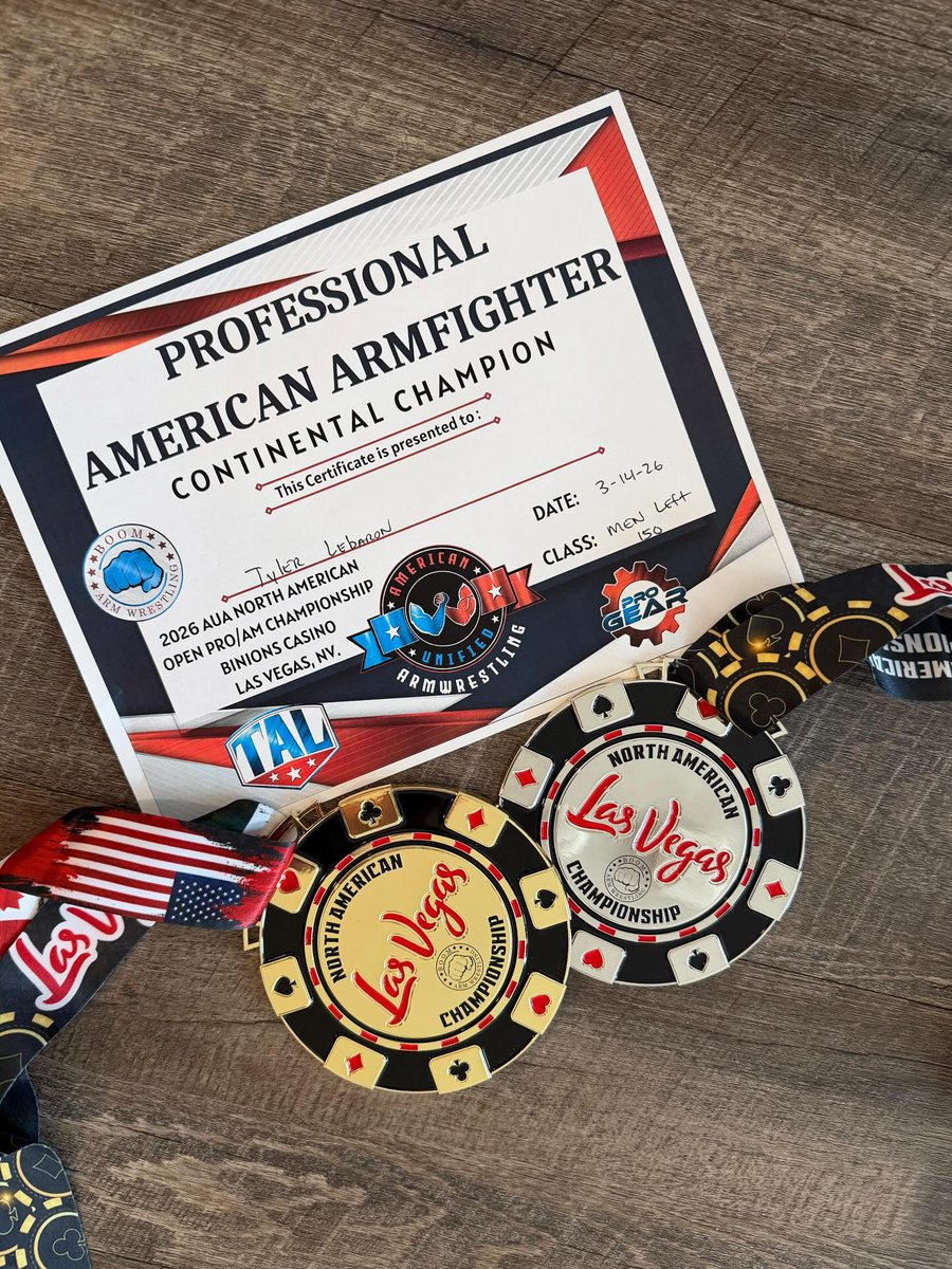 TylerWLeBaron's tweet photo. It was a pleasure competing at the 2026 North American Championship sanctioned by the AUA and produced by BOOM arm wrestling. I did a water cut to make the 150 lbs weight class. Used the exact strategies involving renal physiology that I am currently teaching my advanced exercise physiology students at @suutbirds 

Results:  
1st – Left Hand (Open Professional Division)  
2nd – Right Hand (Open Professional Division)
I ended up placing 1st left and 2nd right in the open professional division. For a bit more practice, I also entered the 190 lbs and 210 lbs amateur divisions and had a few wins. I felt pretty happy considering I just placed 2nd at the tower running championship a few weeks ago. Although endurance and strength training can interfere with each other (AMPK vs mTOR), there are ways around it, and training both will generally benefit most people before any interference. I’ll be making my university lectures available soon for those interested. Thanks again everyone for your support.
