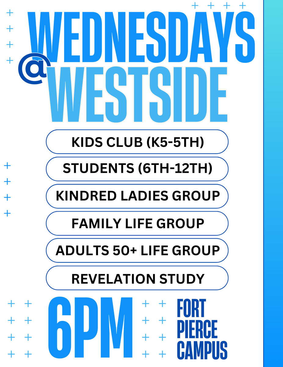 westsidechfp's tweet photo. It's Wednesday and we cannot wait to see you tonight! Our Student Ministry and Adults 50+ will not be meeting tonight, but all other groups are on and we cannot wait to see you there! https://t.co/4B78tNhogQ