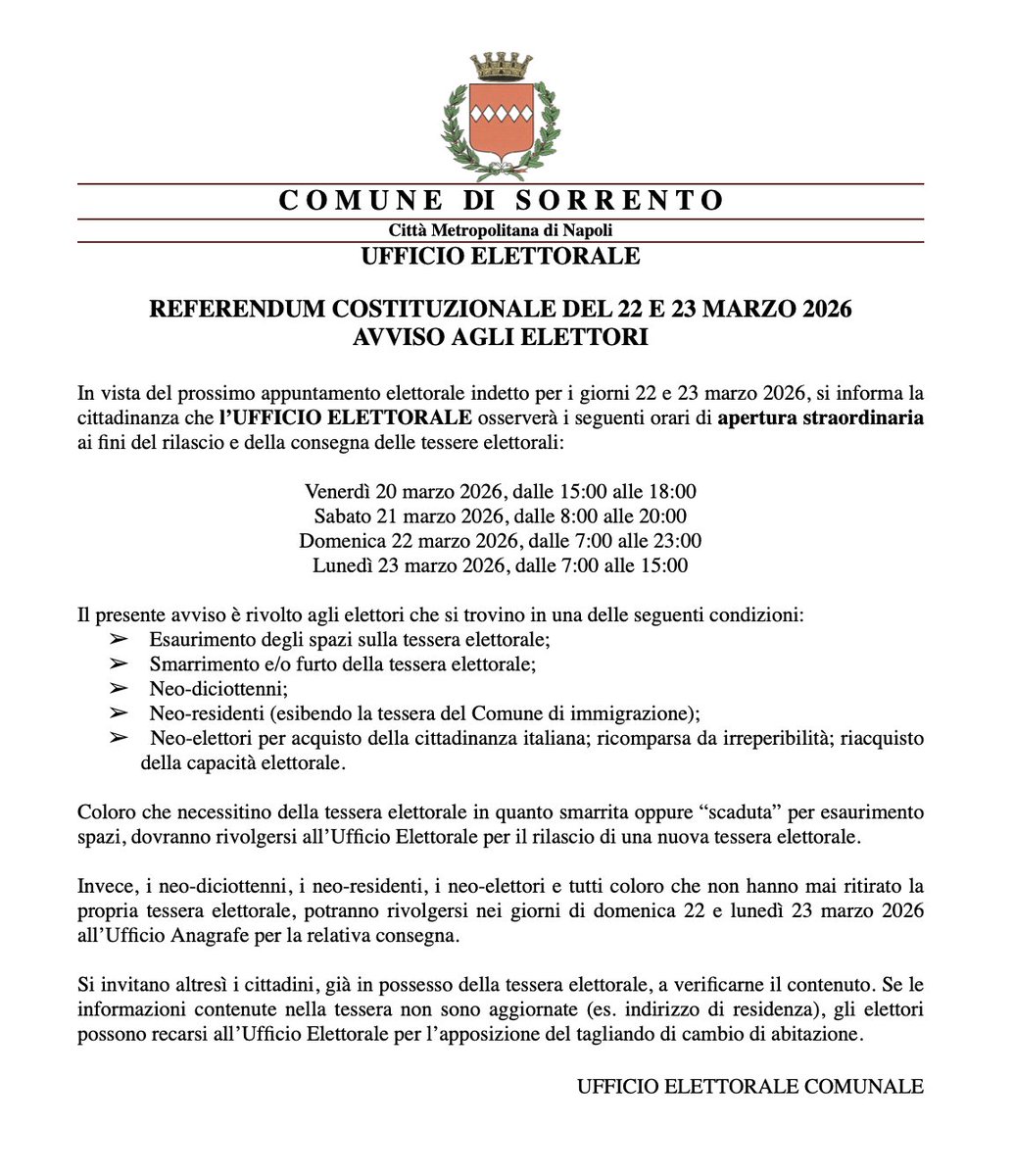 In vista del referendum costituzionale, indetto per i giorni 22 e 23 marzo 2026, si informa che l’Ufficio Elettorale osserverà gli orari di apertura straordinaria indicati nella locandina allegata