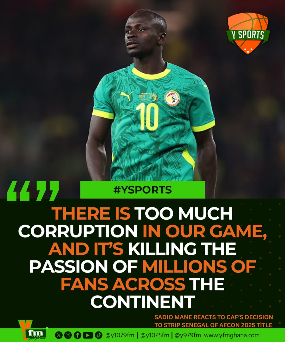 Sadio Mané has expressed strong frustration with CAF’s recent decision, lamenting that rising corruption in African football is draining the passion of millions of fans across the continent.

More Here: Yfmghana.com

#YSports 
#CAF