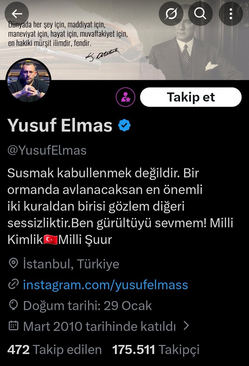 Fesli delinin müritleri ve kürtçüler Yusuf Elmas'ın milyonluk instagram hesabını kapattırmış. Biz de X hesabını milyonluk yapalım. Destek 🇹🇷 <a href="/YusufElmas/">Yusuf Elmas</a>