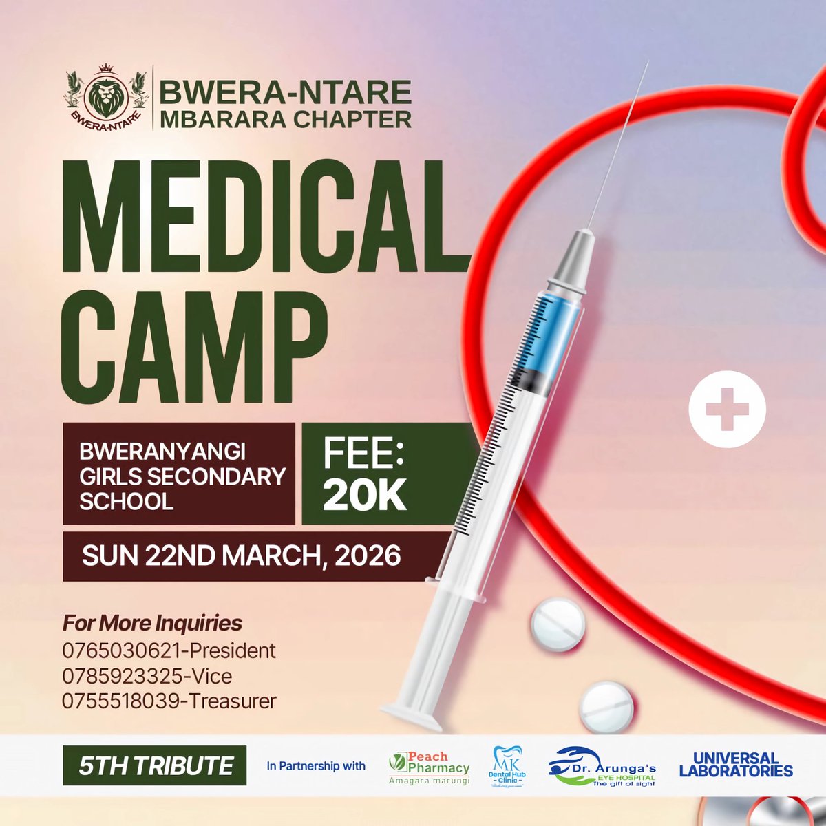 📢📢 Be ready. Be present. Be part of the impact.🔥🔥
In partnership with:
<a href="/peachpharmug/">Peach Pharmacy</a> 
MK Dental Hub Clinic 🦷
Dr. Arunga’s Eye Hospital 👁️ 😎
Universal Laboratories 🧪