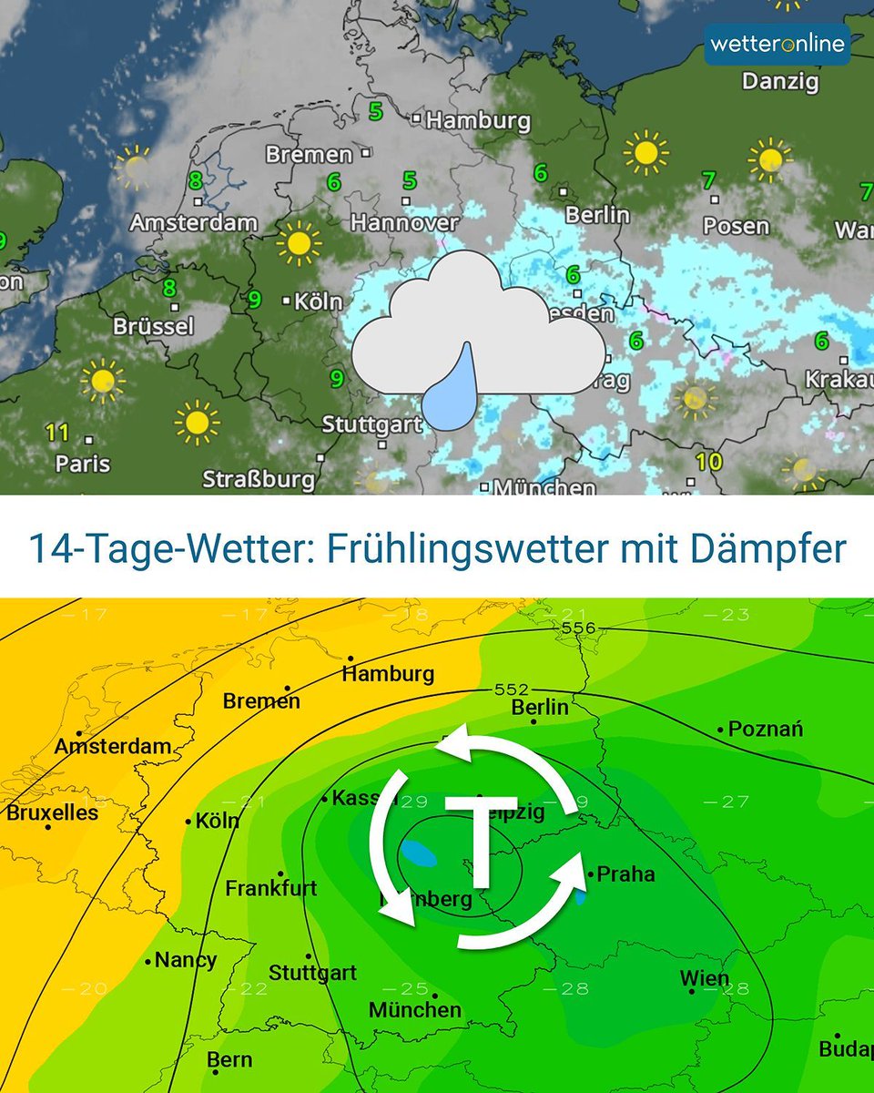 WetterOnline's tweet image. Frühlingswetter mit Dämpfer ☁️
Mehr Wolken und Schauer zum Wochenende, besonders im Süden und Osten. Temperaturen sinken etwas. ☔🌬️ 

Wie es nächste Woche weitergeht, erfährst du im 14-Tage-Wetter:
wetteronline.de/14-tage-wetter 

#Frühling #Regen #Wochenende