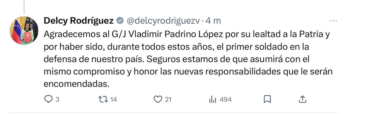 ChuoTorrealba's tweet photo. EL día de júbilo y asueto nacional por la victoria de Venezuela en el Campeonato Mundial de Béisbol es la ocasión aprovechada por la Presidenta (E) Rodríguez para anunciar la salida de Vladimir Padrino del Ministerio de Defensa y su sustitución por el G/J Gustavo González López https://t.co/c6ZY1dzfxP