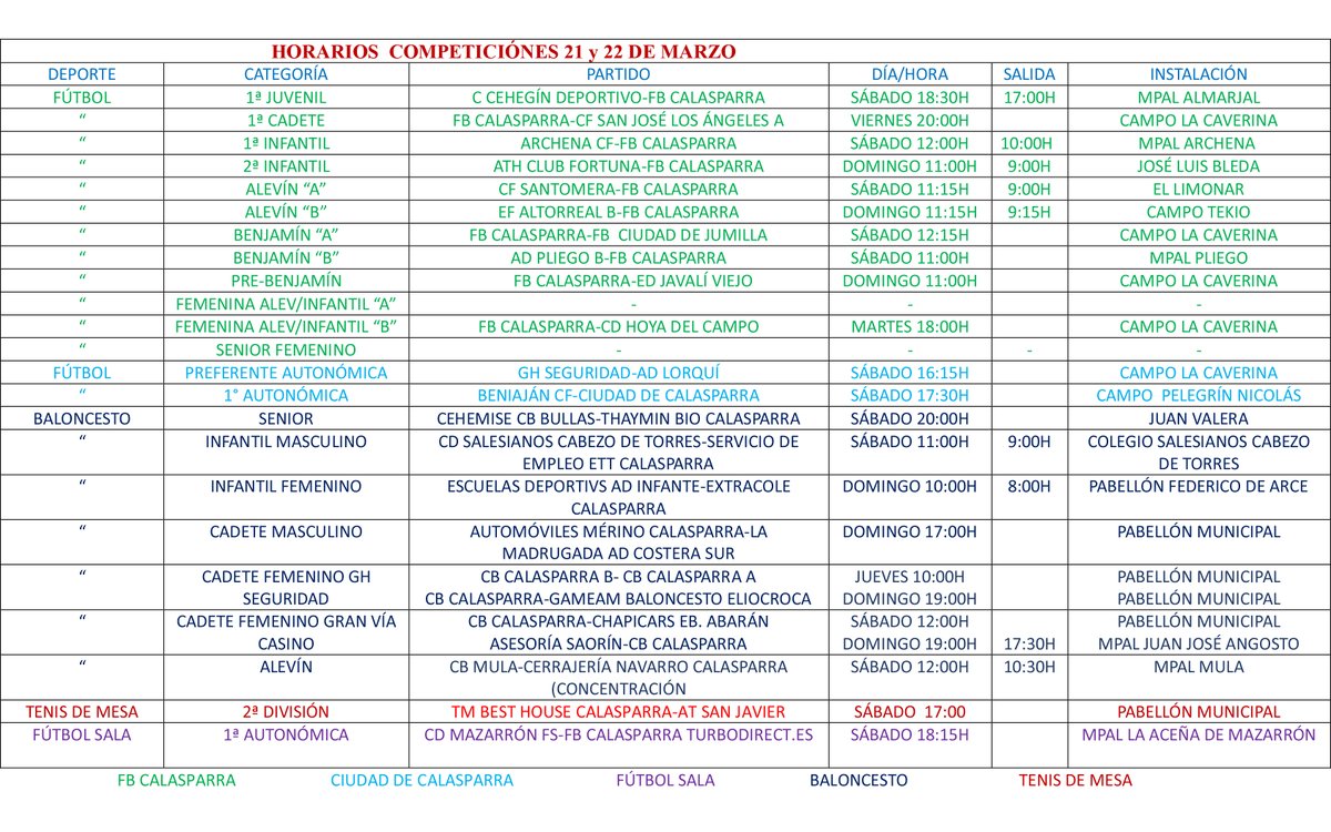 Horarios deportivos del fin de semana (21 y 22 de marzo) 🏀🥎⚽

#DeportesCalasparra