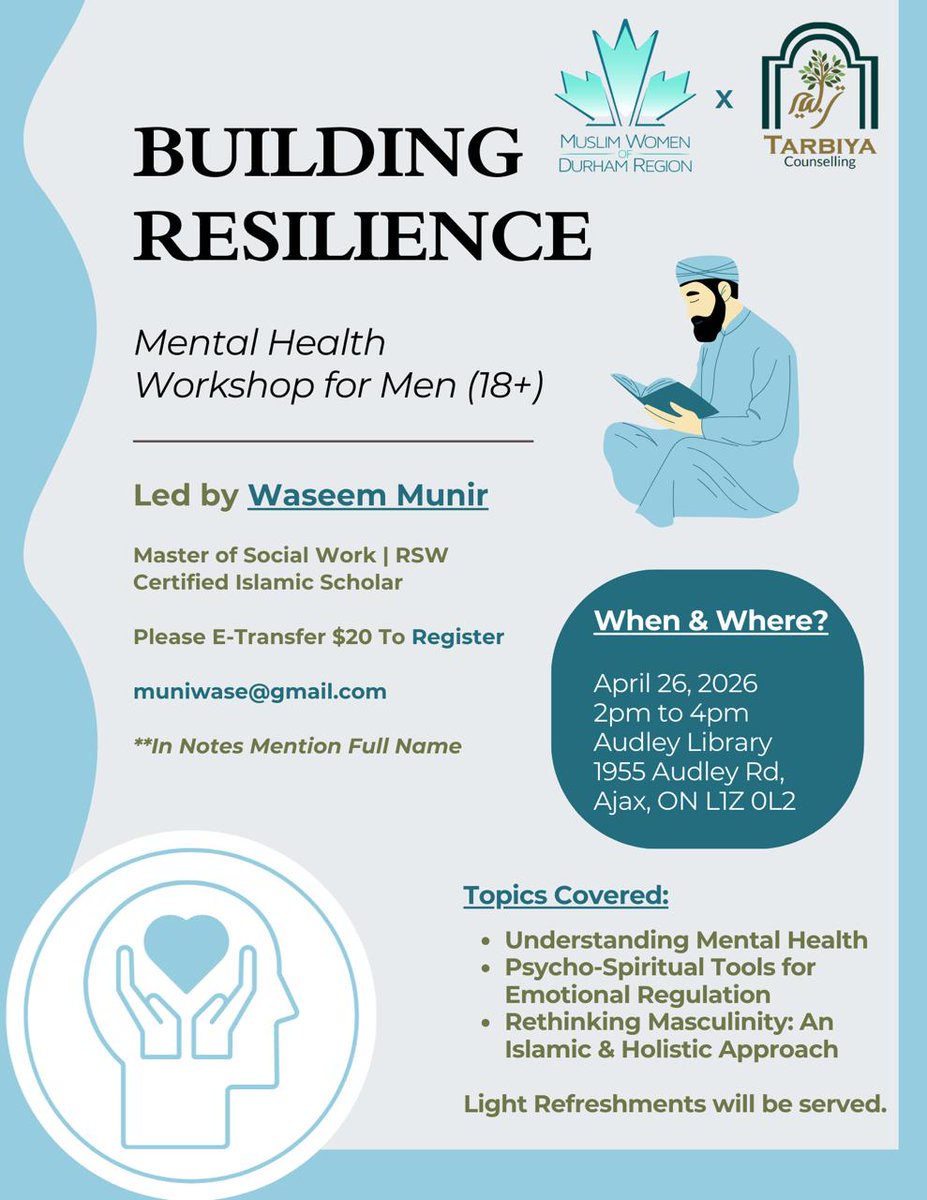 MWDurhamRegion's tweet photo. Waseem Munir, MSW is a trained professional registered social worker and certified Islamic scholar.

This hands on session will introduce the topic of mental health and the challenges faced by men.

 Join us for an experience that combines learning and positive impact. https://t.co/QRhl8gCBxo