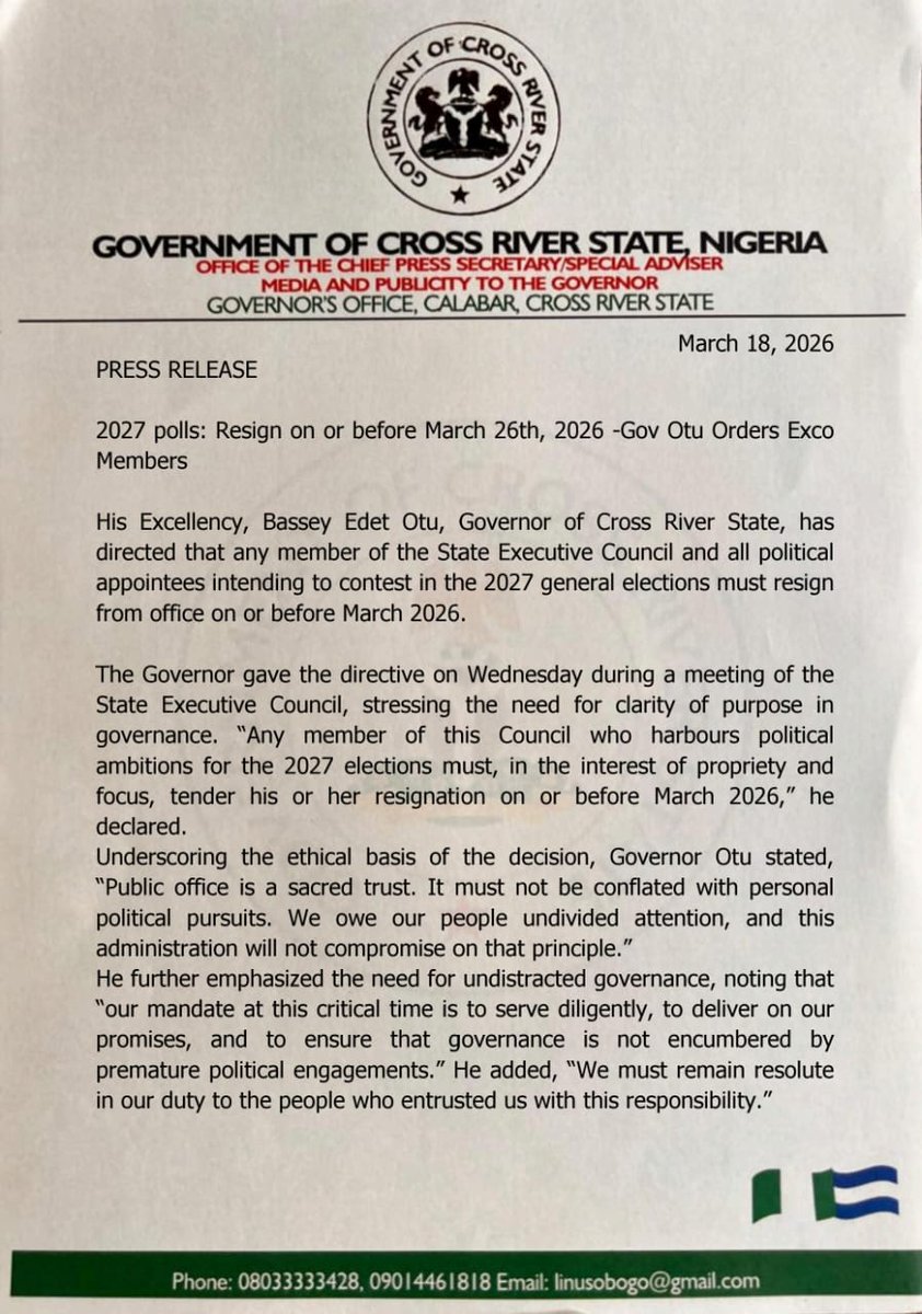 mcjoeclassic's tweet photo. Resign on or before 26th March...
Gov Otu to Members of the Executive Council. https://t.co/L2G5mh5rkb