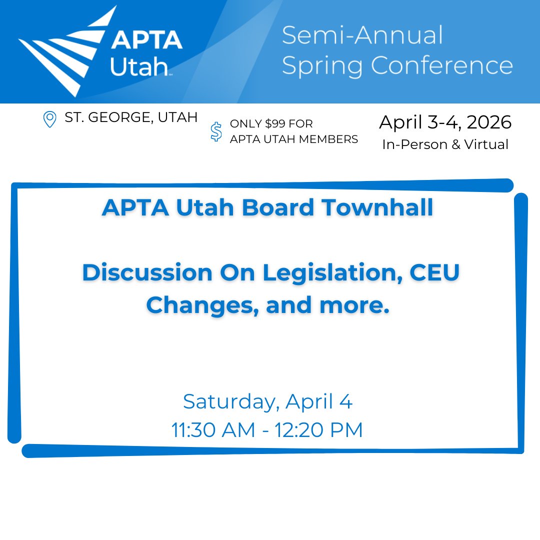 APTAUtah's tweet photo. Today we’re highlighting:

APTA Utah Board Townhall

Join us for an open discussion on legislation, CEU updates, and the future of PT in Utah. Your voice matters.

Saturday, April 4 | 11:30 AM – 12:20 PM
Utah Tech University + Online

Register: https://t.co/M18H6IAv9g https://t.co/jowR3BbrUg