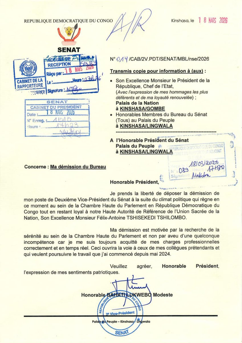PatrickKitoko22's tweet photo. #RDC : «Ma démission est motivée par la recherche de la sérénité au sein de la chambre haute du parlement et non par aveu d’une quelconque incompétence…» @PLukwebo écrit au président du bureau du sénat @LukondeSama, avec copie pour informat° au chef de l’Etat Félix Tshisekedi. https://t.co/CWCiZRJeU9