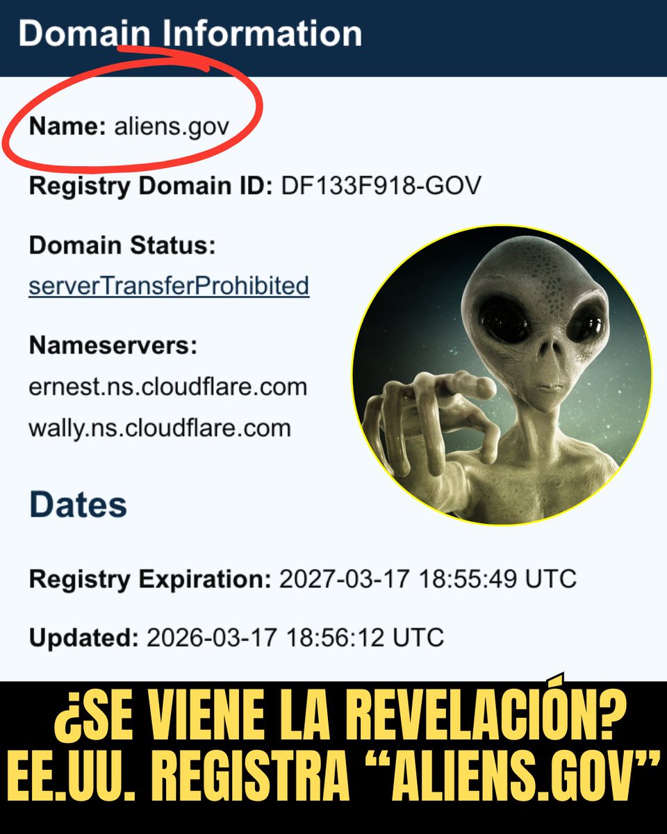 OvniChile1's tweet image. 🚨👽 El gobierno de EE.UU. registró el dominio aliens.gov… y no hay explicación oficial.

Sin contenido aún.
Justo cuando se habla de desclasificar info sobre OVNIs/UAP.
¿Coincidencia… o se viene algo grande?

🛸 ¿Qué opinas?

#OVNI #UAP #Aliens #Revelacion