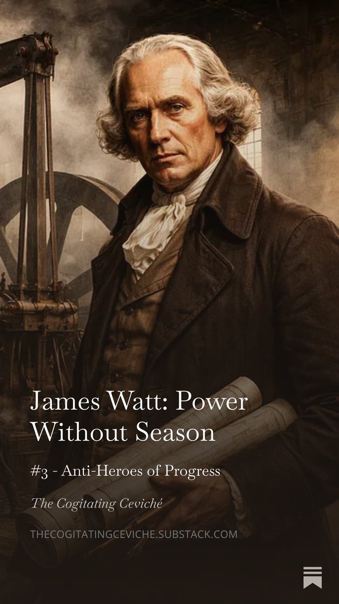 Invention became a system. The system became civilization. The world that resulted has been settling the terms of that solution ever since.

New entry in Anti-Heroes of Progress at Cogitating Ceviche. thecogitatingceviche.substack.com/p/james-watt-p…