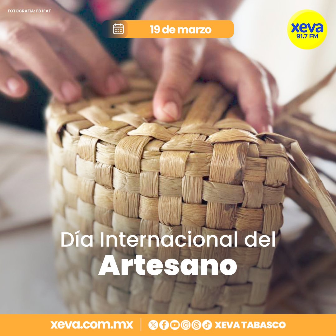 XEVATabasco's tweet photo. 🗓️ #Efemérides| El 19 de marzo se celebra el Día Internacional del #Artesano y la #Artesana, en honor a San José, patrono de quienes crean con sus manos. 🧵
Hoy reconocemos el talento, la creatividad y el trabajo de quienes preservan nuestras tradiciones y #cultura a través de piezas únicas. 🎨
#XEVA #Noticias #Radio #Tabasco