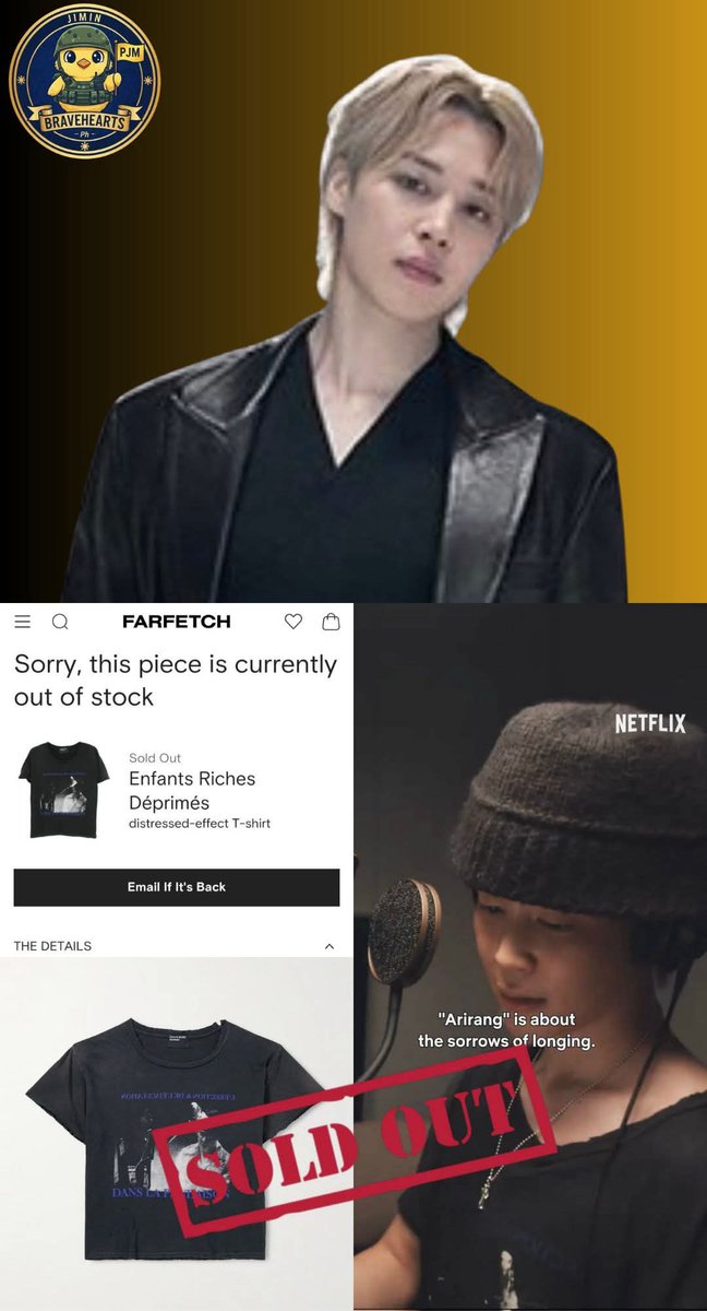 pjmwarriorsph's tweet photo. Y’all are totally crazy… it’s already SOLD OUT. 🤯🔥 OMGGG
Jimin’s Enfants Riches Déprimés distressed T-shirt—seen in the BTS: THE RETURN documentary teaser—has sold out completely on Farfetch.
#myjimin #parkjimin #JIMIN #CHIMMY #SoldOutKing #PJM https://t.co/x7hguR34Nk