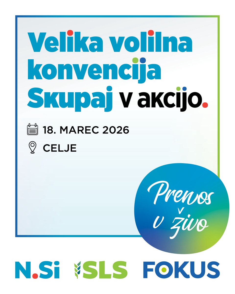 Fokus_stranka's tweet image. Vljudno vabljeni k spremljanju velike volilne konvencije, ki jo ob 19. uri nocoj začenjamo v Celju. 

Prenos v živo prek e-povezave: 👇 youtube.com/live/YVVIiE3kp…

🤝🇸🇮

#skupaj #skupnalista @NovaSlovenija  @strankaSLS #FOKUS #volitve #volitve2026