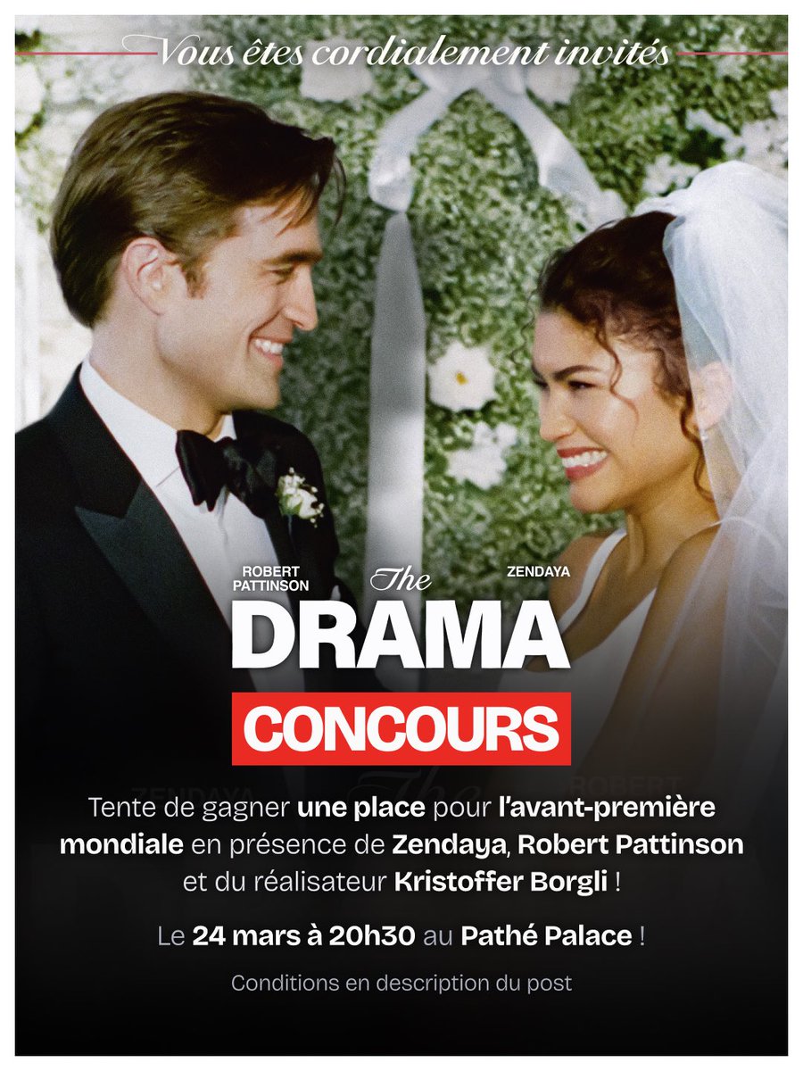 CONCOURS

Gagne une place pour l’avant-première mondiale du film THE DRAMA au Pathé Palace le 24 mars, en présence de Zendaya, Robert Pattinson et Kristoffer Borgli !

Pour participer 
→ Suivre <a href="/premiereprojo/">Première Projo</a> et <a href="/Metropolitan_Fr/">Metropolitan Films</a> 
→ RT et like ce post

Tirage au sort le 20/03 !