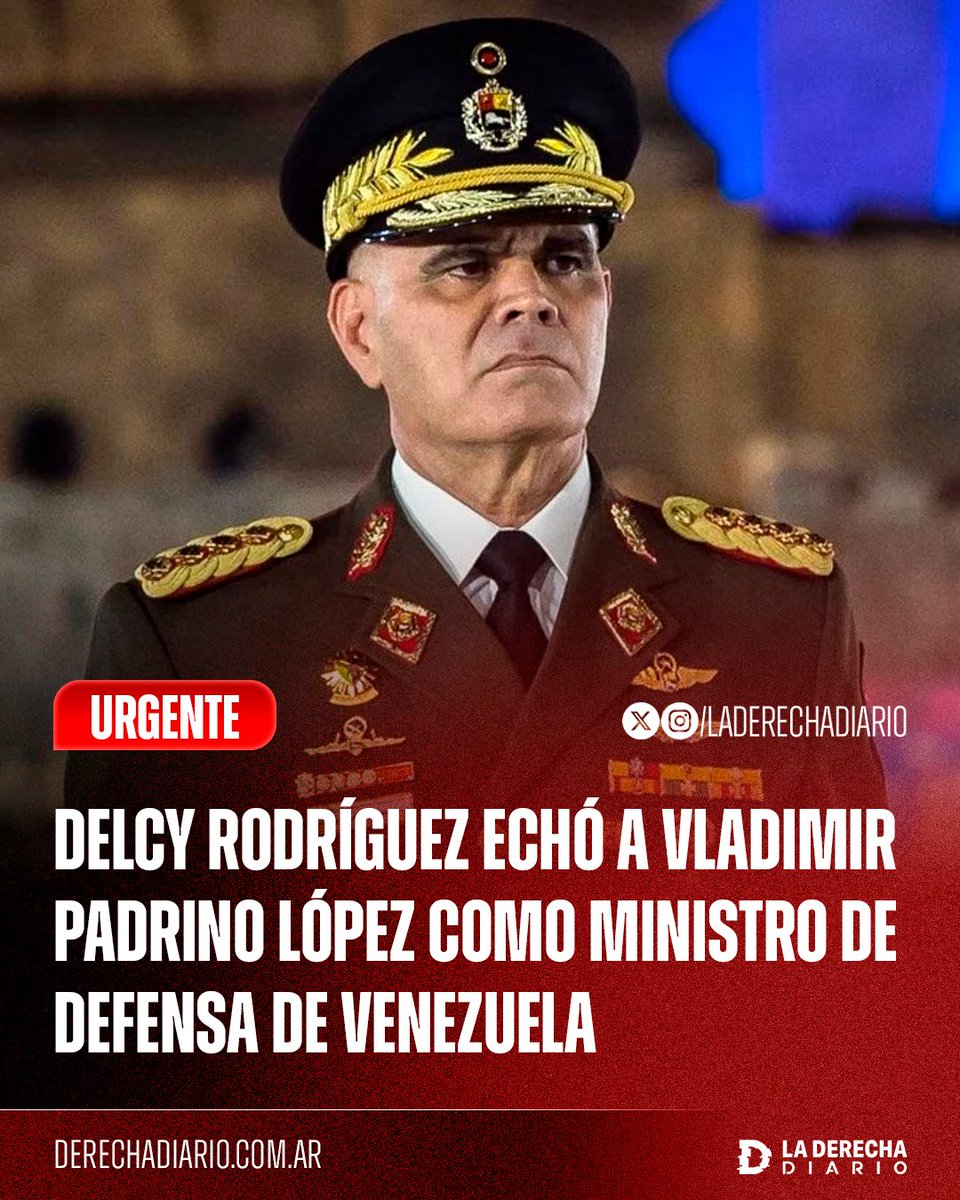 🚨🇻🇪🇺🇸 | #URGENTE HISTÓRICO: La dictadora interina Delcy Rodríguez echó al siniestro narcoterrorista Vladimir Padrino López como Ministro de Defensa del régimen chavista, uno de los principales responsables de la brutal represión contra el pueblo venezolano.